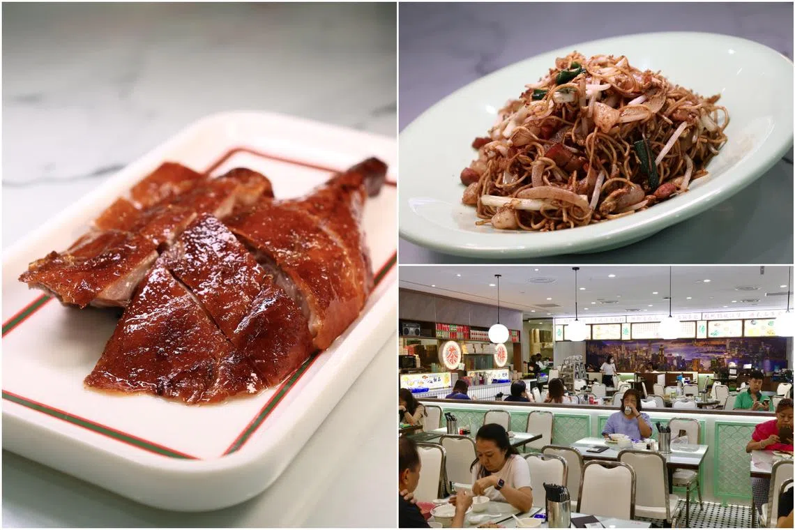 (Clockwise from left) Legendary Roasted Duck and Original HK Fried Noodles at Legendary Hong Kong’s latest and third outlet at Tampines Mall.