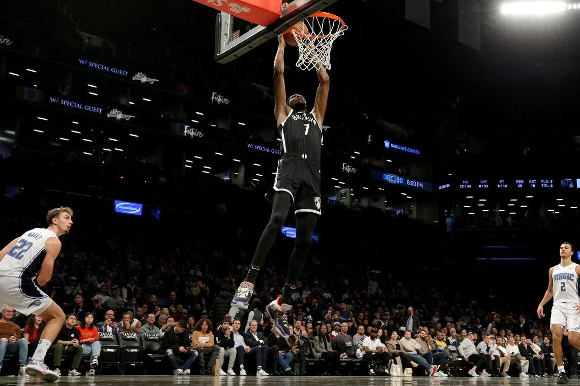 Brooklyn Nets forward Kevin Durant dunks against Orlando Magic during the third quarter at Barclays Centre.