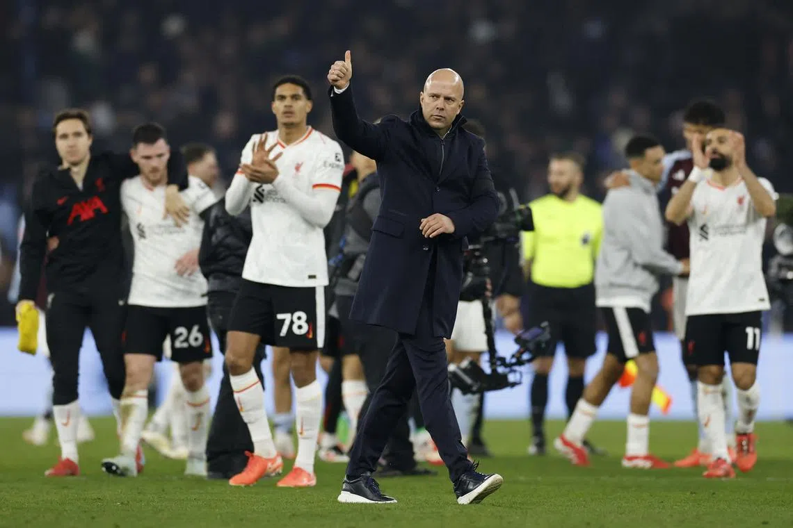 Soccer Football - Premier League - Aston Villa v Liverpool - Villa Park, Birmingham, Britain - February 19, 2025 Liverpool manager Arne Slot acknowledges the fans after the match Action Images via Reuters/Peter Cziborra