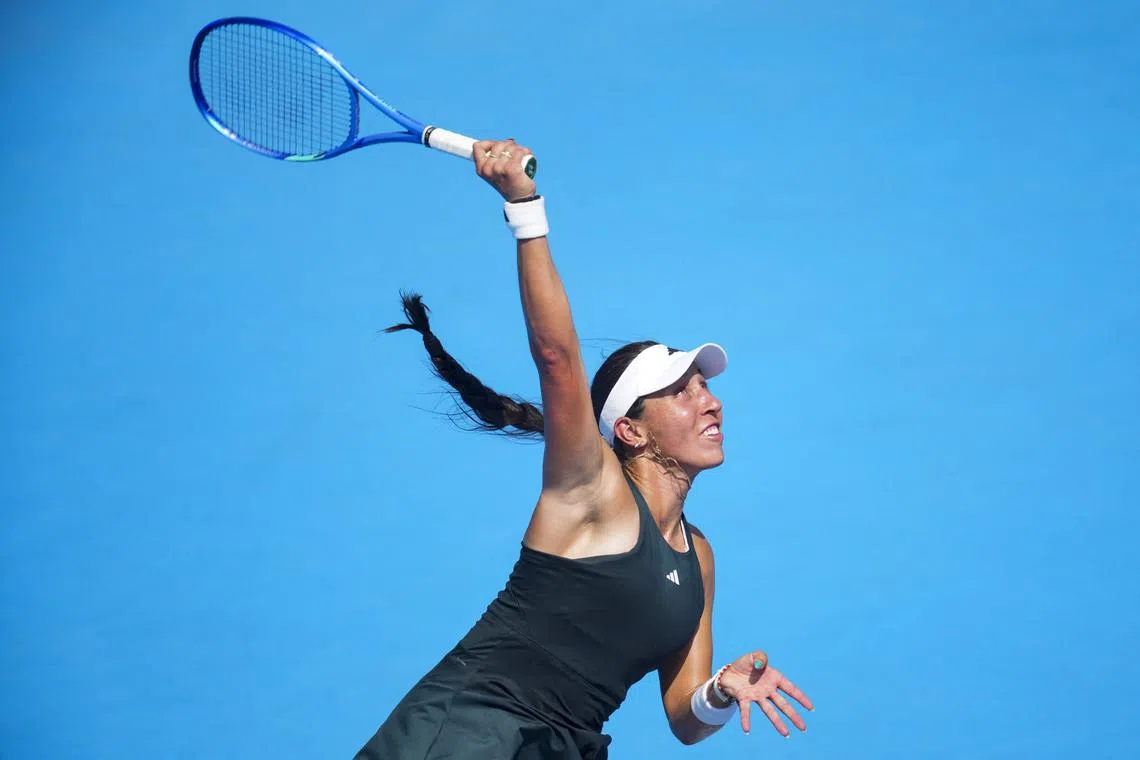 Aug 10, 2025; Cincinnati, OH, USA;  Jessica Pegula (USA) serves against Kimberly Birrell (AUS) during the Cincinnati Open at the Lindner Family Tennis Center. Mandatory Credit: Aaron Doster-Imagn Images
