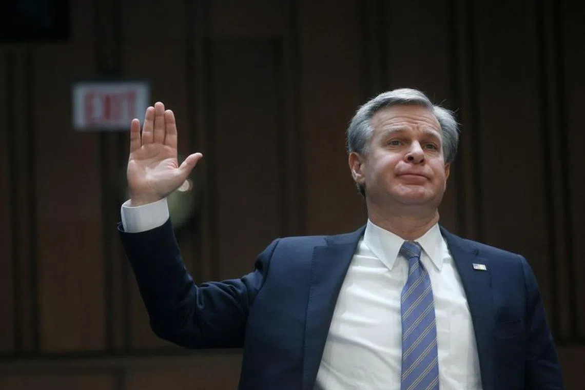 FBI Director Christopher Wray is sworn in before testifying at a Senate Judiciary Committee oversight hearing of the Federal Bureau of Investigation on Capitol Hill in Washington, U.S., December 5, 2023. REUTERS/Leah Millis/File Photo