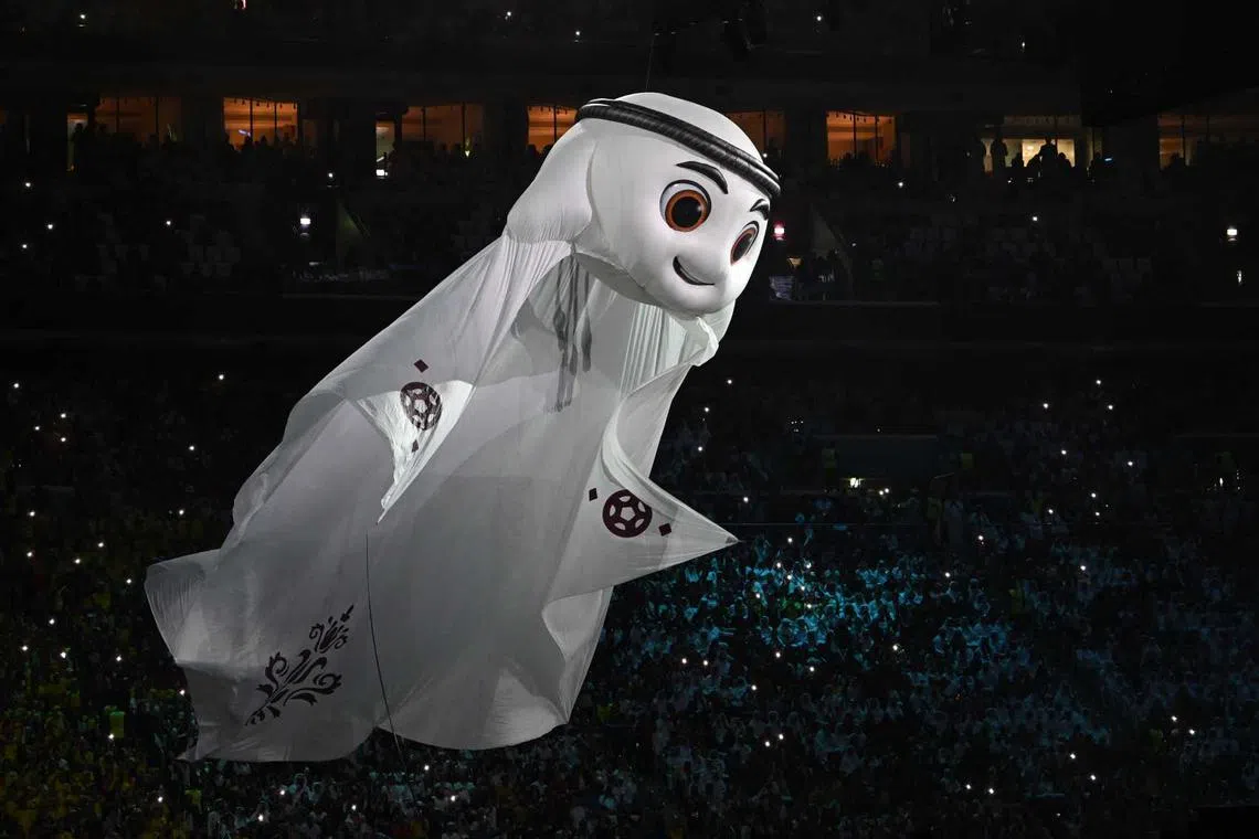 The Qatar 2022 mascot La'eeb performs during the opening ceremony ahead of the Qatar 2022 World Cup Group A football match between Qatar and Ecuador at the Al-Bayt Stadium in Al Khor, north of Doha on Nov 20, 2022. 