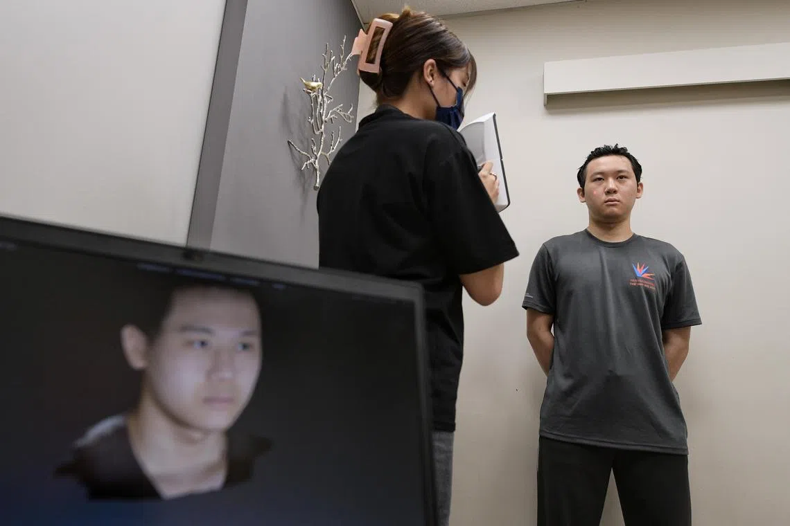cshealth04, cshealth03-ol/ST20221124_202271106595/Ng Sor Luan/A young man getting 3D images of his face done to predict biological age. 
//
The Centre for Healthy Longevity at the Alexandra Hospital is a research facility which looks into the ageing process and how ageing can be delayed to ensure longer healthy lifespans - or "healthspans" - instead of just lifespans. Currently its participants are from the public but it will be setting up a disgnostic clinic once it gets the go ahead.