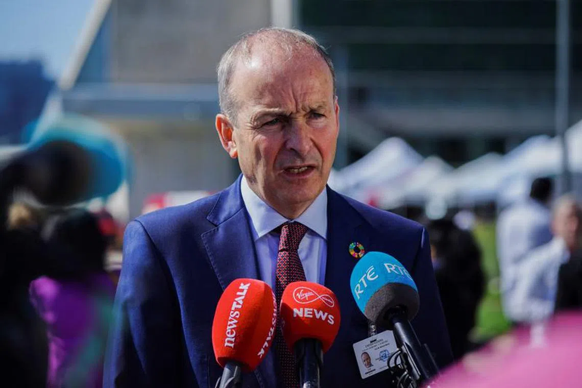 Irish Tanaiste, Minister for Foreign Affairs and Defence Micheal Martin speaks to members of the media during the 78th United Nations General Assembly at the United Nations Headquarters in New York City, U.S., September 19, 2023. REUTERS/Bing Guan/File Photo