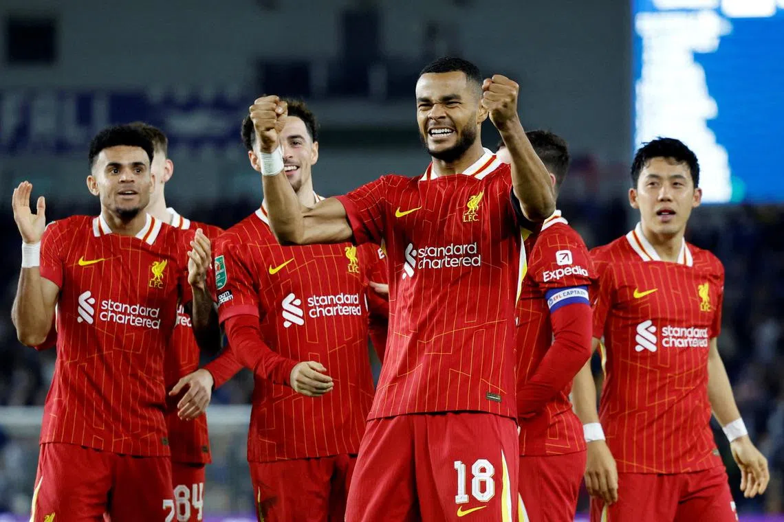 Liverpool's Cody Gakpo celebrates scoring their first goal in the 3-2 League Cup win over Brighton & Hove Albion on Oct 30.