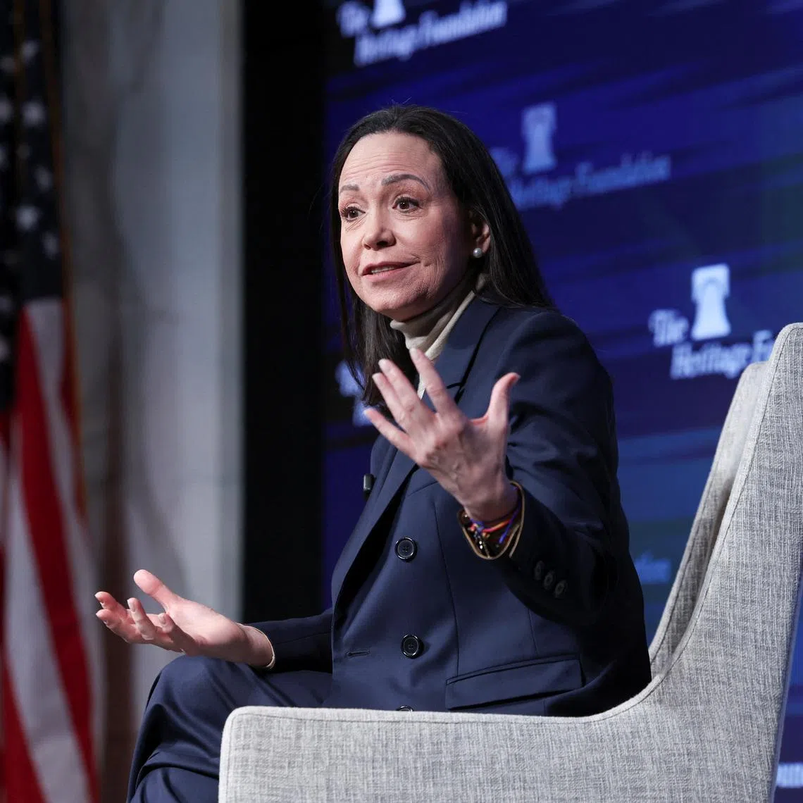 Venezuelan opposition leader Maria Corina Machado speaks during a press conference in Washington, D.C., U.S., January 16, 2026. REUTERS/Tyrone Siu