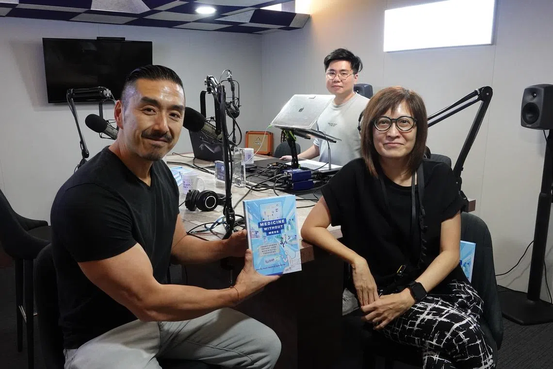 (From left) Director of the Institute for Digital Medicine (WisDM) at the National University of Singapore Yong Loo Lin School of Medicine and the head of the NUS biomedical engineering department Professor Dean Ho, podcast producer Eden Soh, and senior health correspondent Joyce Teo, in the podcast studio.
