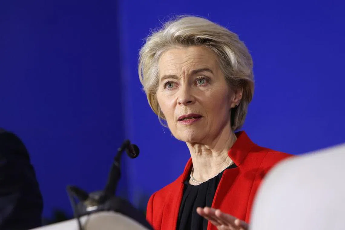 European Commission President Ursula von der Leyen, addresses journalists during a visit to Sarajevo, Bosnia and Herzegovina, January 23, 2024. REUTERS/Amel Emric
