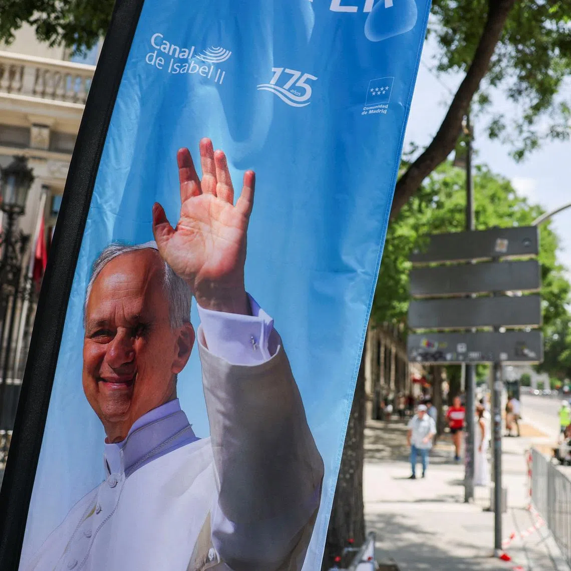A banner depicting Pope Leo XIV as police prepares security operations ahead of his upcoming visit, in Madrid, Spain, June 5, 2026. REUTERS/Mohammed Salem