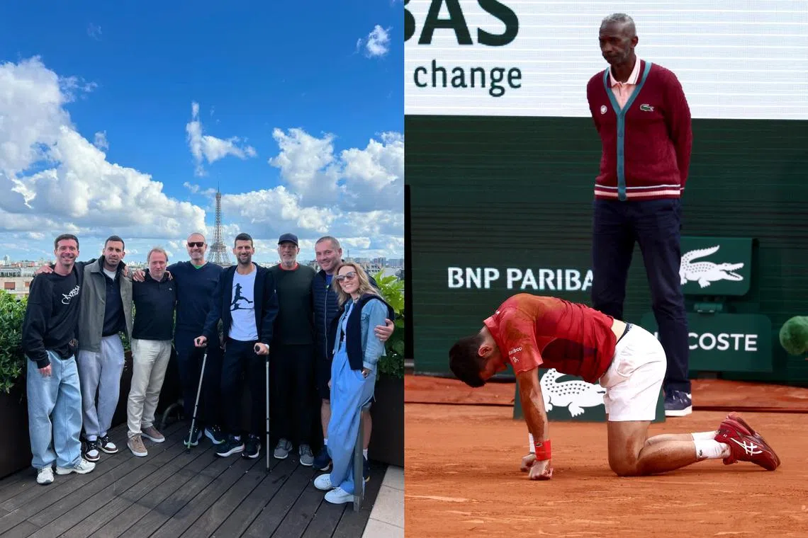 Djokovic posted a photo of himself on Instagram (left) after undergoing surgery on an injured knee which had forced him to pull out of the French Open (right).