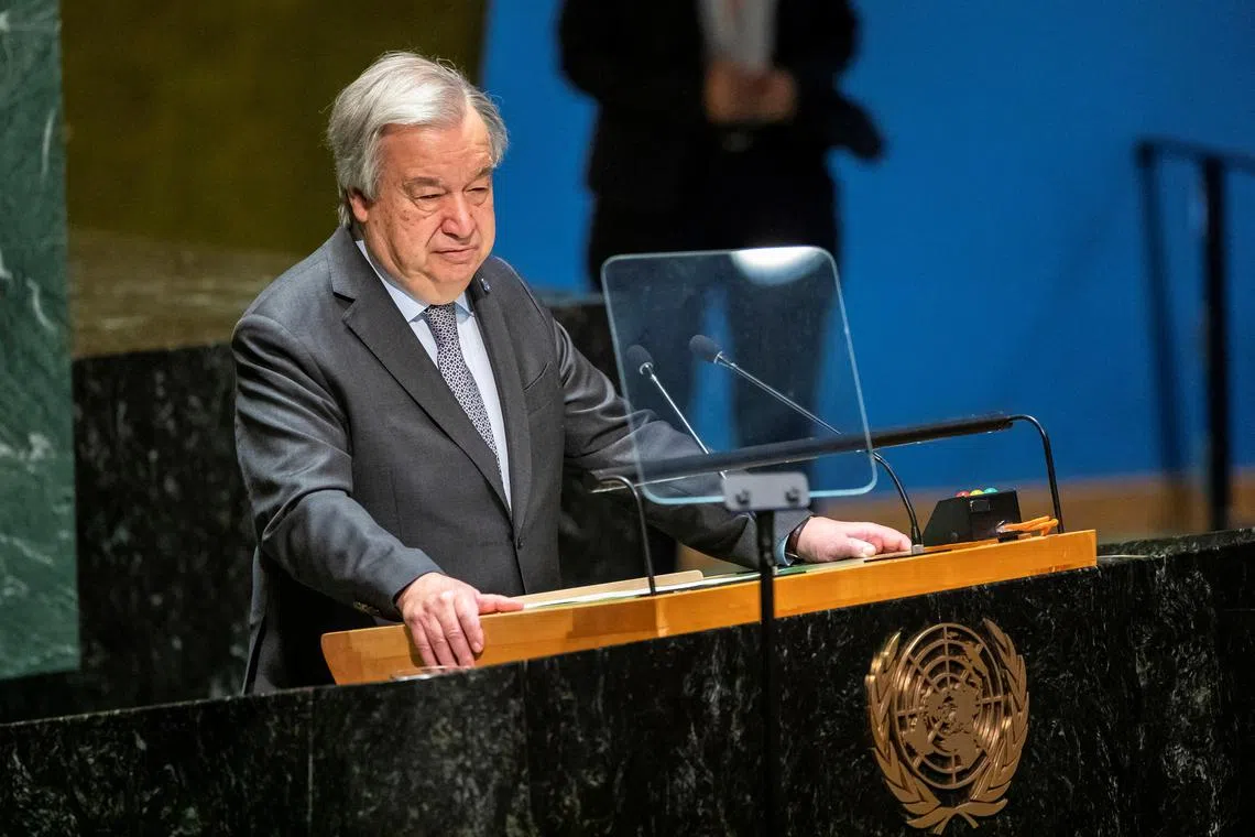 FILE PHOTO: United Nations Secretary General Antonio Guterres addresses the delegates during the United Nations General Assembly at the United Nations headquarters in New York, U.S., May 30, 2024.  REUTERS/Eduardo Munoz/File Photo