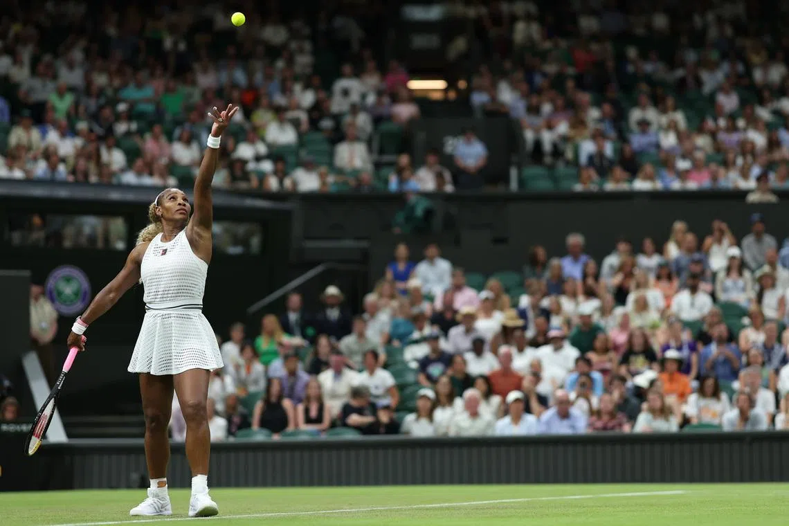 Jun 30, 2026; London, United Kingdom; Serena Williams (USA) serves against Maya Joint (AUS) (not pictured) on day two of The Championships Wimbledon 2026 at All England Lawn Tennis and Croquet Club. Mandatory Credit: Geoff Burke-Imagn Images