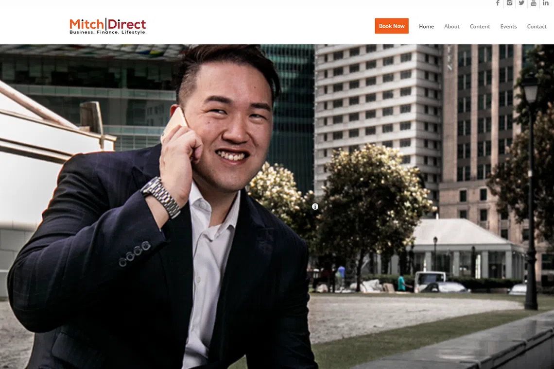 The homepage of Mitchell Ong's now-defunct website, where he listed his qualifications as a financial expert.