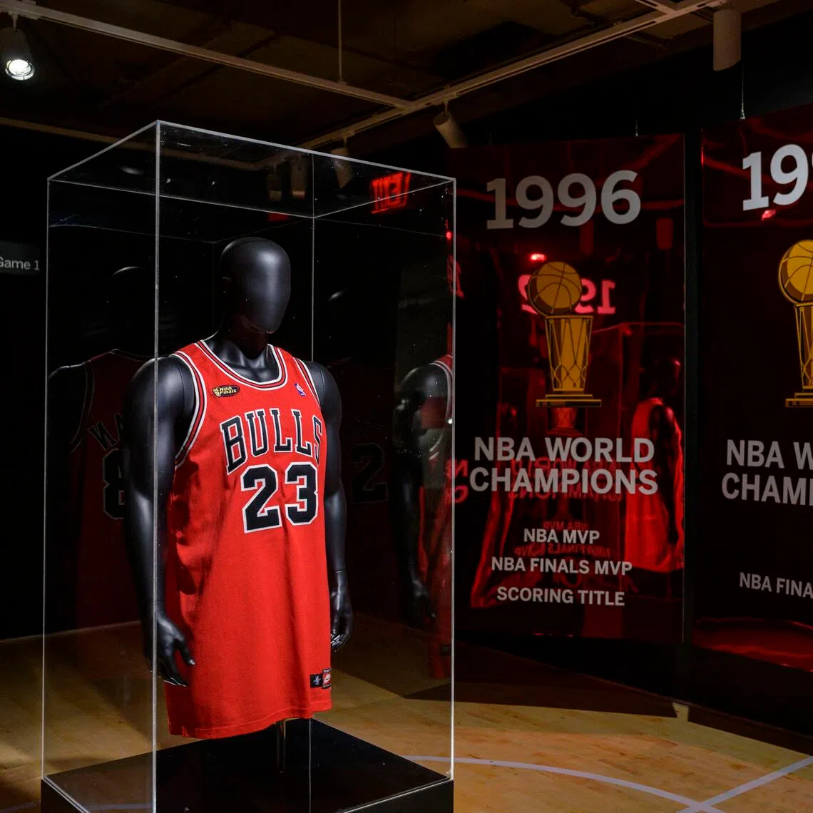 Michael Jordan’s The Last Dance jersey, from Game 1, displayed during Sotheby’s Invictus sales in New York City in 2022.