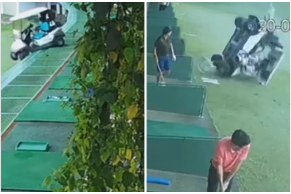 A driverless golf buggy plunged off the second tier of a driving range at Keppel Club on June 20, crashing near two stunned golfers who were preparing to tee off.