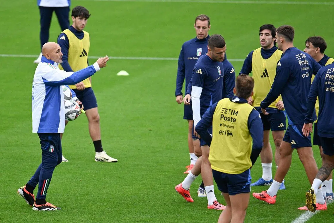 Italy coach Luciano Spalletti leads a training session in Coverciano, near Florence, ahead of Nations League matches against Belgium and Israel.