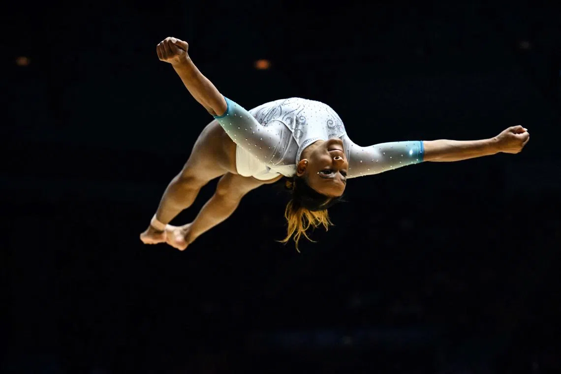 Brazil's Rebeca Andrade competes during the floor exercise event of the women's individual all-around final at the World Gymnastics Championships in Liverpool, on Nov 3, 2022. 