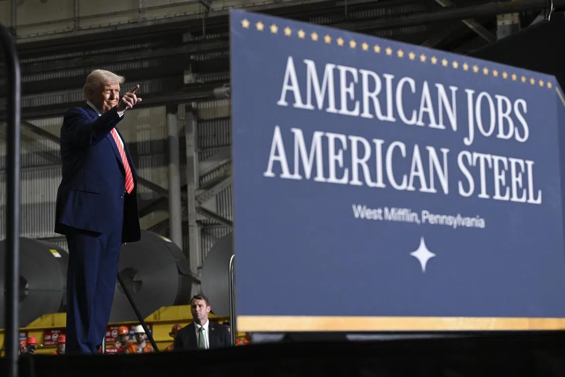 President Donald Trump takes the stage to speak at the U.S. Steel Irvin Works in West Mifflin, Pa., on Friday, May 30, 2025. Trump has said Nippon Steel and U.S. Steel will be entering a “partnership,” but the details remain unclear. (Kenny Holston/The New York Times)