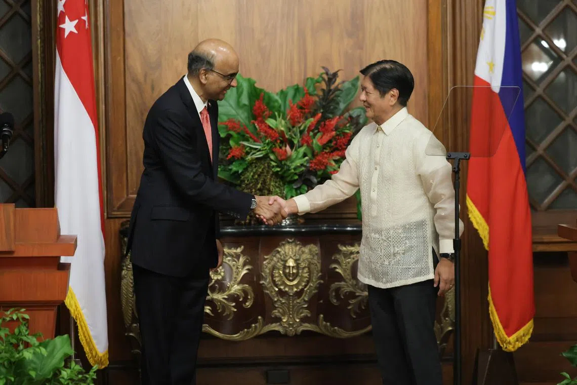 President Tharman Shanmugaratnam (left) meets Philippine President Ferdinand Marcos Jr. in Manila on Aug 15.