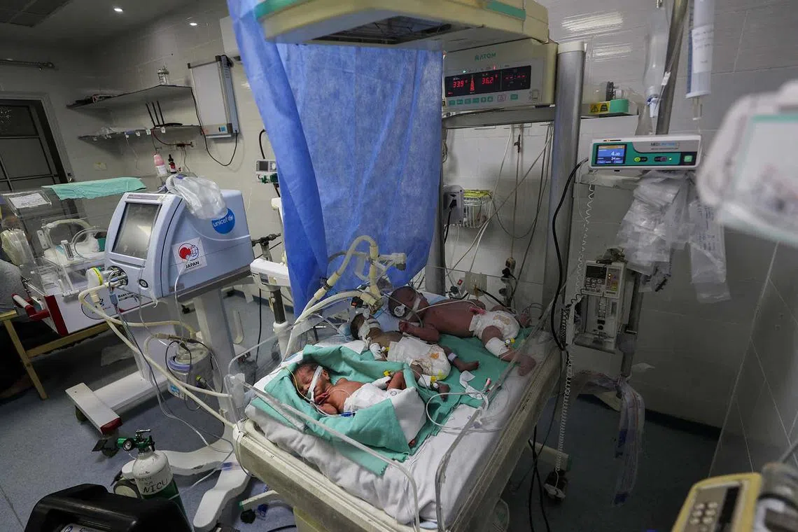Palestinian newborns sharing an incubator at Al-Helou hospital due to fuel crisis, according to medics, amid the Israeli military offensive, in Gaza City, July 10, 2025. 