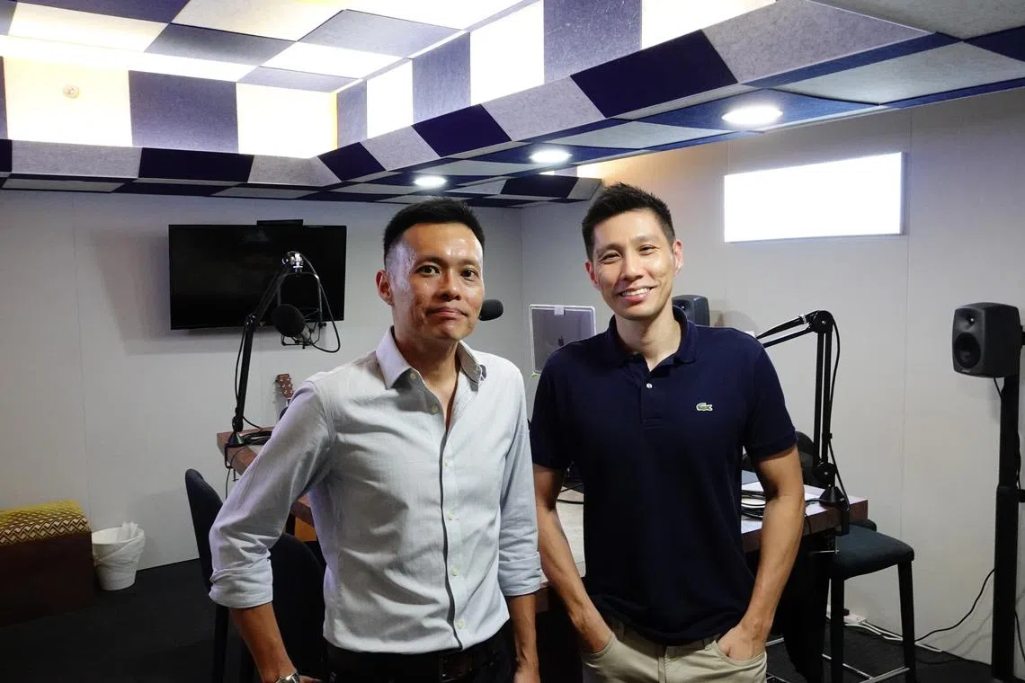 (From left) In the podcast studio, ST's senior transport correspondent Lee Nian Tjoe hosts Mr Douglas Chia, the chief executive of Eazy, an insurance brokerage.