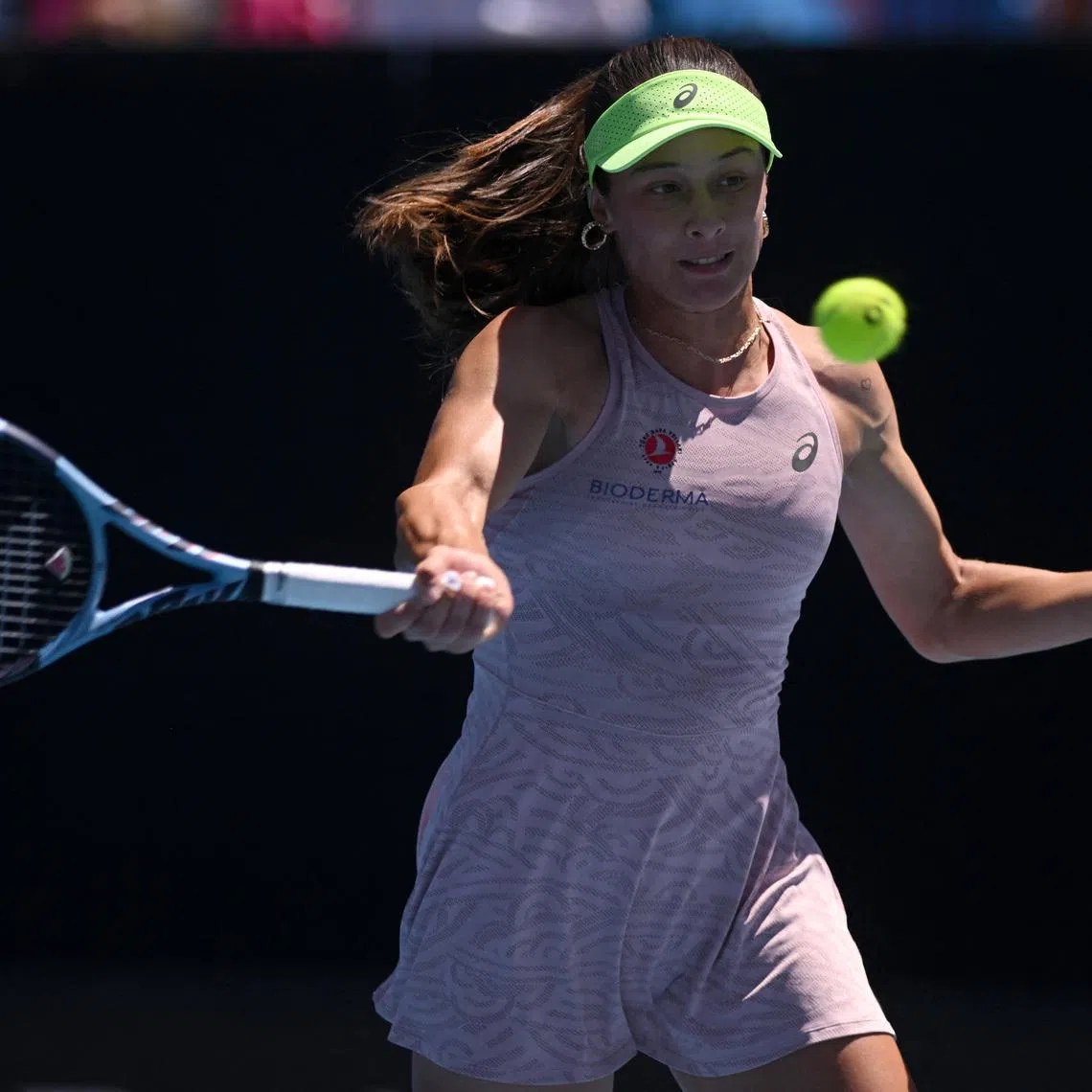 FILE PHOTO: Tennis - Australian Open - Melbourne Park, Melbourne, Australia - January 23, 2026 Turkey's Zeynep Sonmez in action during her third round match against Kazakhstan's Yulia Putintseva REUTERS/Jaimi Joy/ File Photo
