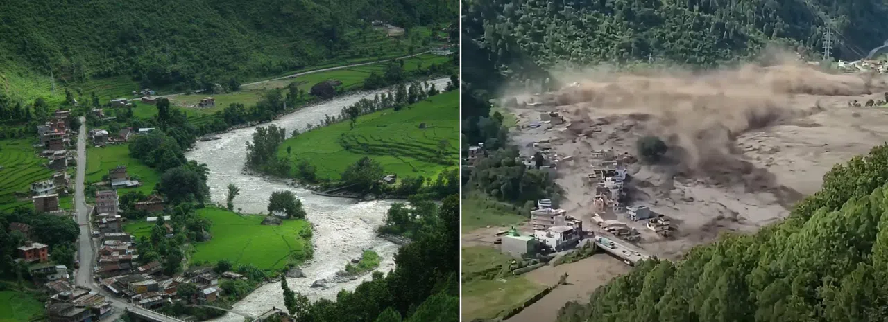 Betrawati Bazaar in Nuwakot, Nepal, before and after the disaster.