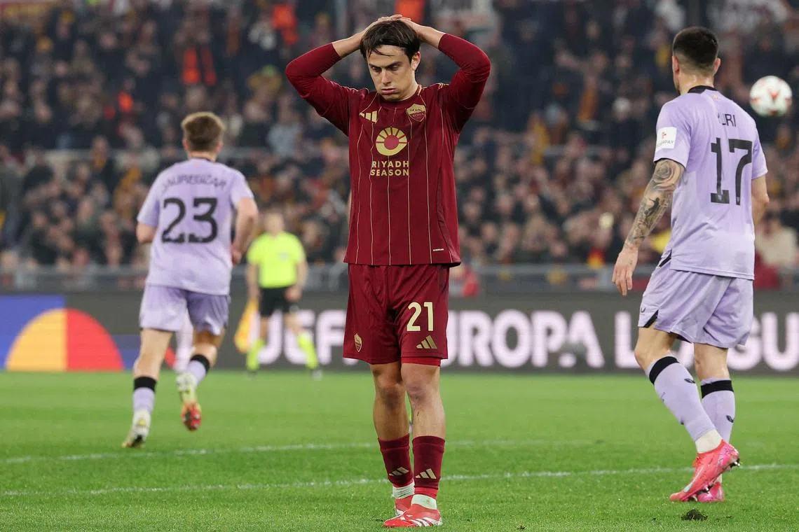 FILE PHOTO: Soccer Football - Europa League - Round of 16 - First Leg - AS Roma v Athletic Bilbao - Stadion Olimpico, Rome, Italy  - March 6, 2025 AS Roma's Paulo Dybala reacts REUTERS/Guglielmo Mangiapane/File Photo