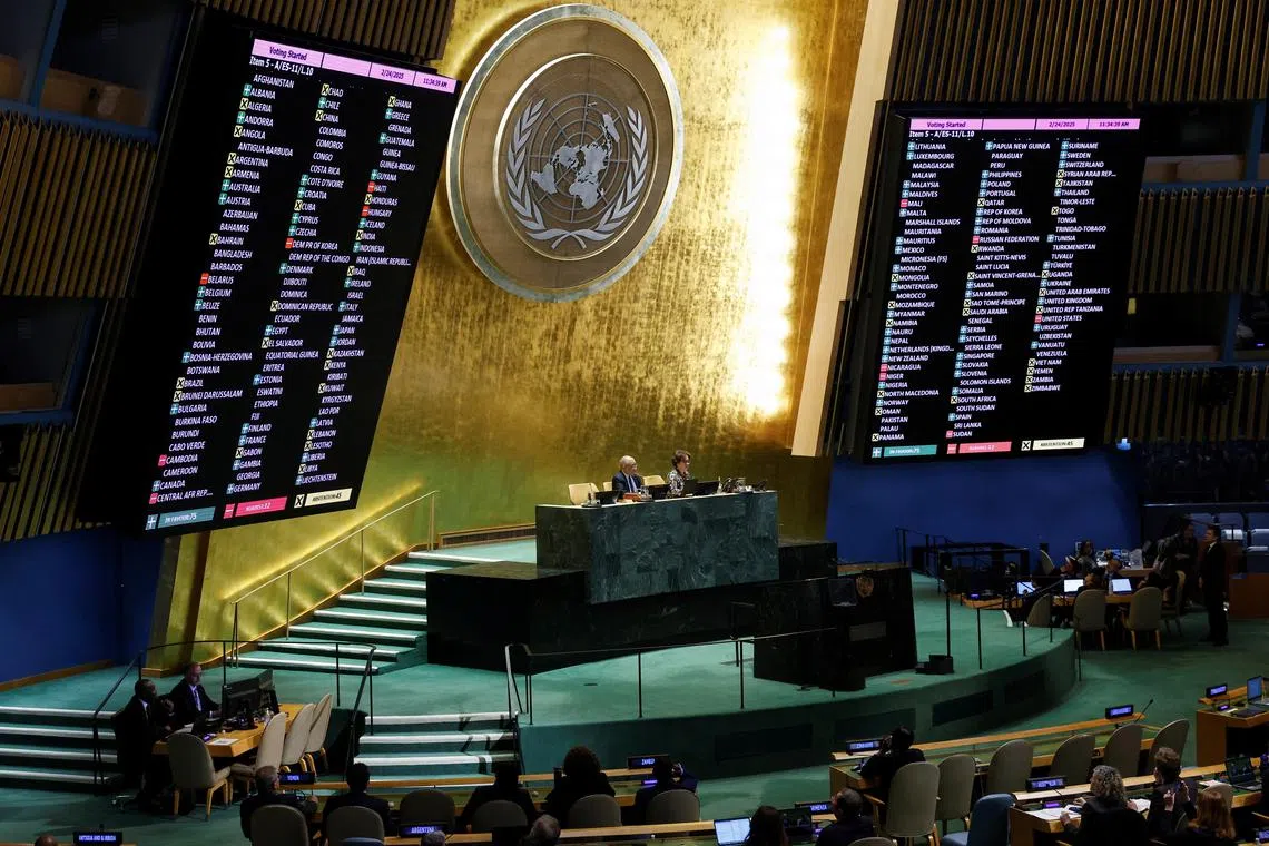 Vote results are displayed during the Eleventh Emergency Special Session draft resolution meeting in the United Nations General Assembly on the 3rd anniversary of the Russian invasion of Ukraine, at the U.N. headquarters in New York, U.S., February 24, 2025. REUTERS/Shannon Stapleton