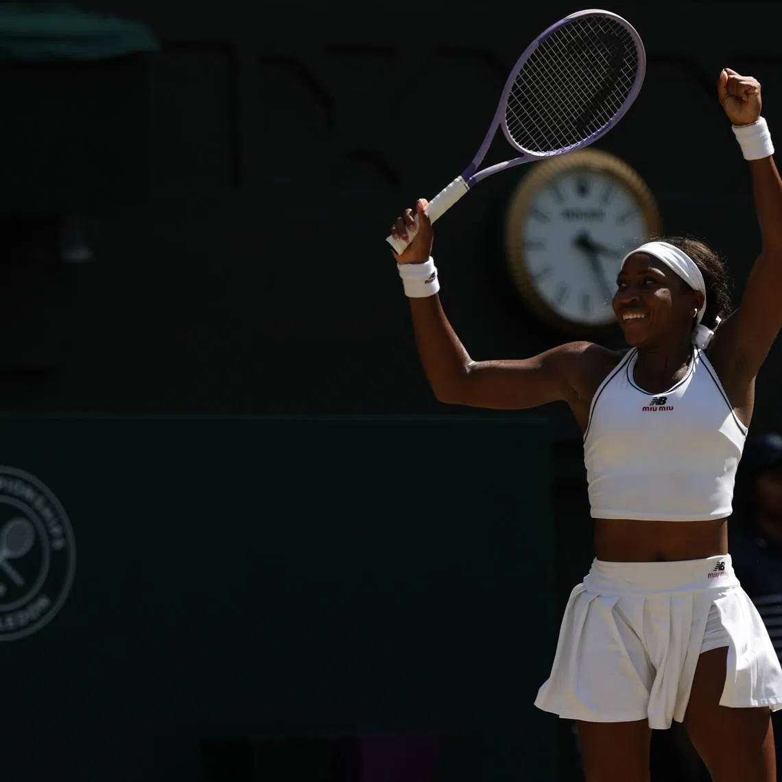 Jul 7, 2026; London, United Kingdom; Coco Gauff (USA) celebrates after match point against Jessica Pegula (USA) (not pictured) on day nine of The Championships Wimbledon 2026 at All England Lawn Tennis and Croquet Club. Mandatory Credit: Geoff Burke-Imagn Images