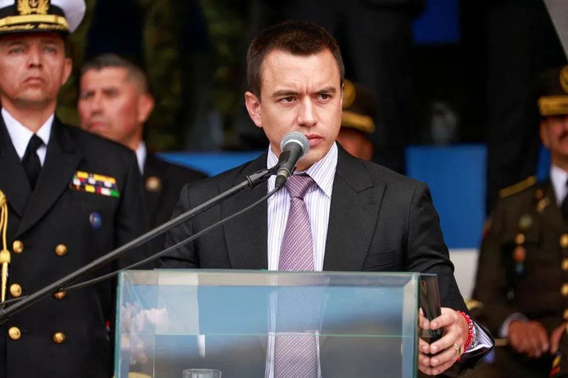 FILE PHOTO: Ecuadorean President Daniel Noboa speaks during a ceremony to deliver equipment to the National Police, amid the ongoing wave of violence around the nation, in Quito, Ecuador, January 22, 2024. REUTERS/Karen Toro