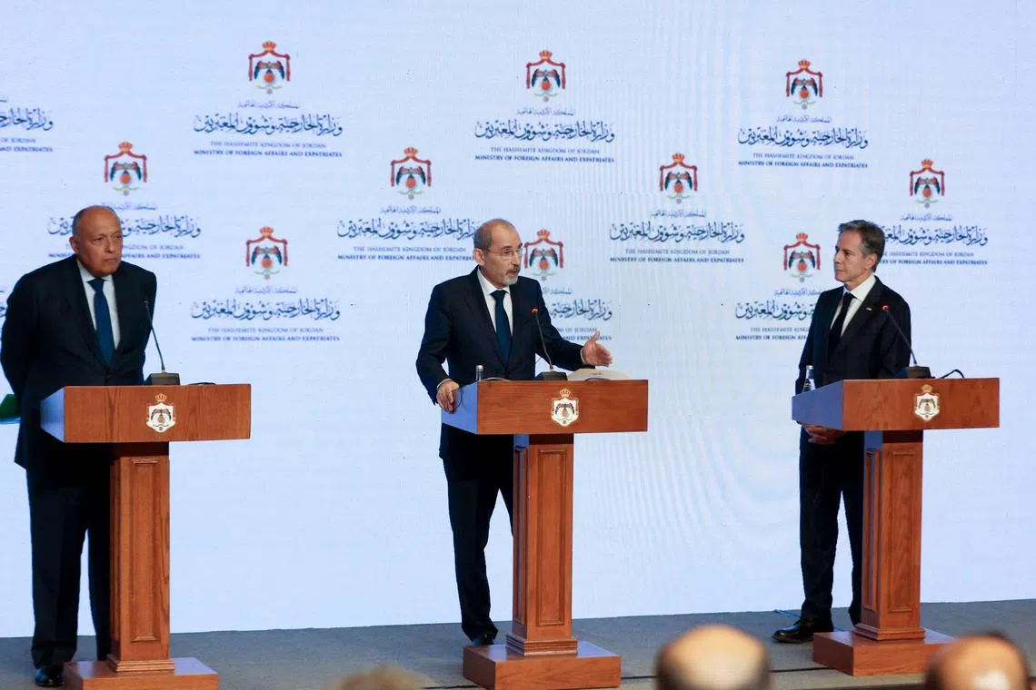 (From left) Egyptian Foreign Minister Sameh Shoukry, Jordan's Foreign Minister Ayman Safadi and US Secretary of State Antony Blinken disagreed on a ceasefire. 
