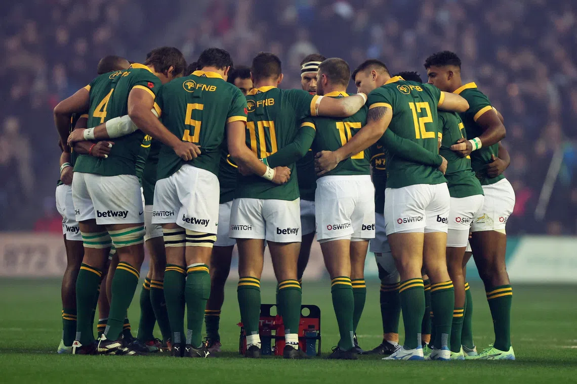 Rugby Union - Autumn Internationals - Scotland v South Africa - Scottish Gas Murrayfield Stadium, Edinburgh, Scotland, Britain - November 10, 2024 South Africa players huddle on the pitch before the match REUTERS/Russell Cheyne