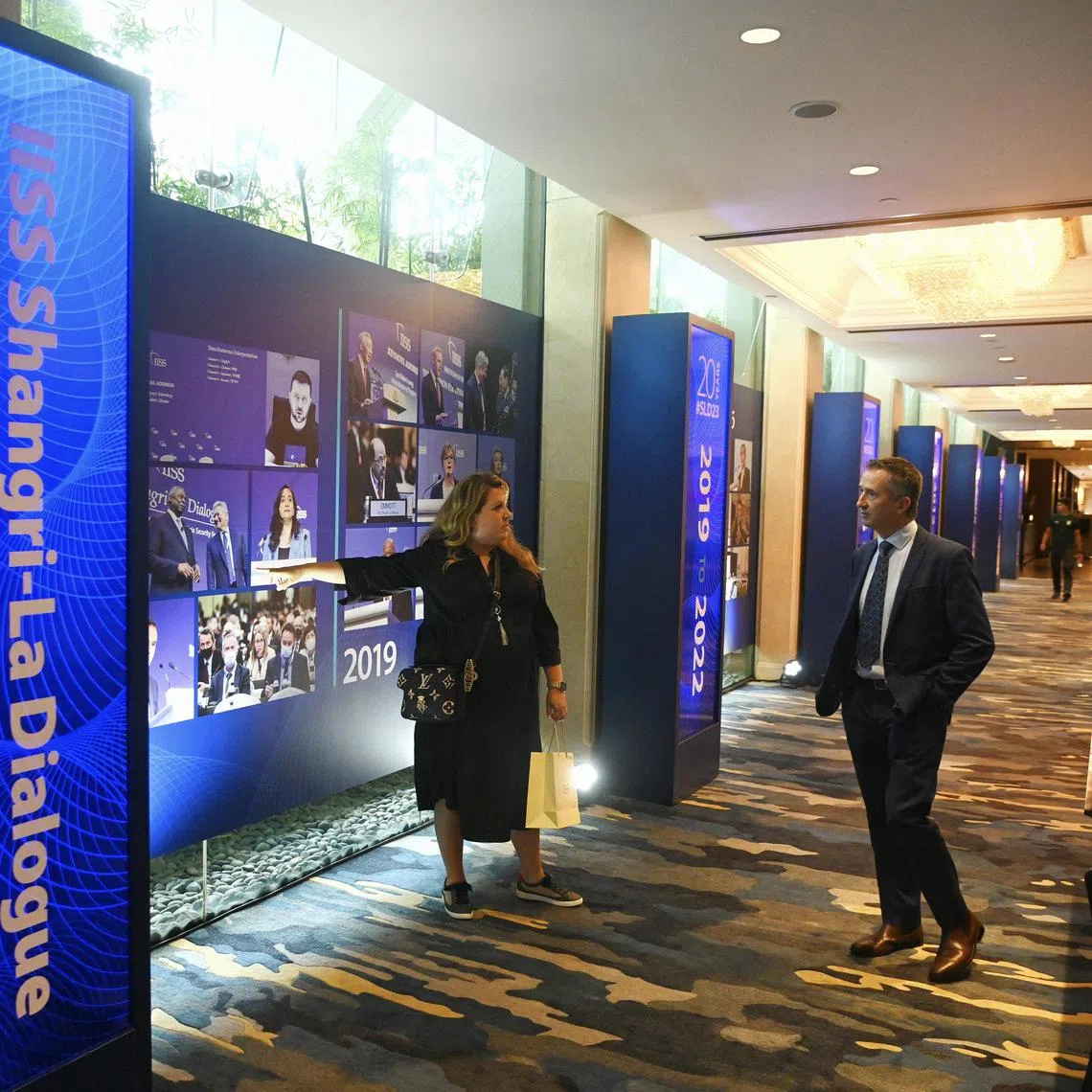 A huge LED panel of the 20th Shangri-La Dialogue lined up inside Shangri-La Singapore on 1 June 2023.