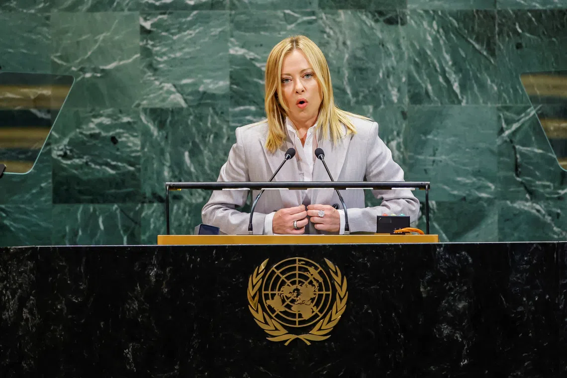 Italy's Prime Minister Giorgia Meloni addresses the 80th United Nations General Assembly at U.N. headquarters in New York, U.S., September 24, 2025. REUTERS/Eduardo Munoz