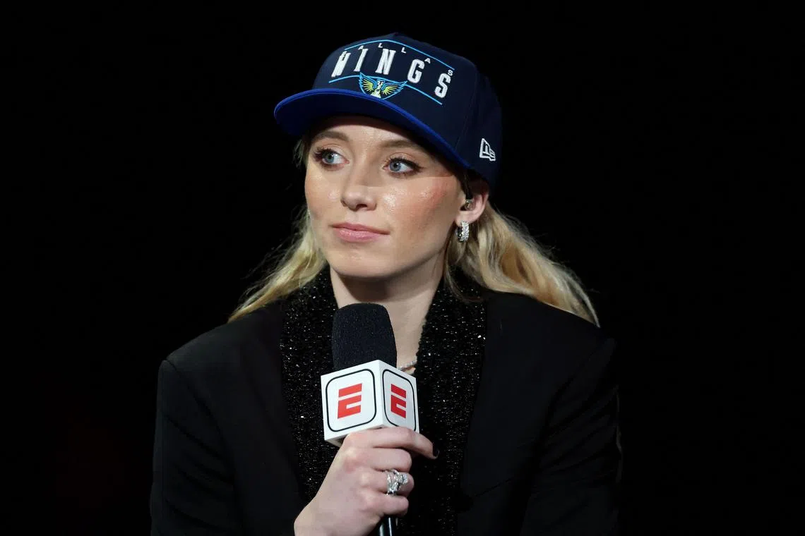 Paige Bueckers being interviewed after being selected first overall by the Dallas Wings during the 2025 WNBA Draft at The Shed on April 14, 2025 in New York City. 