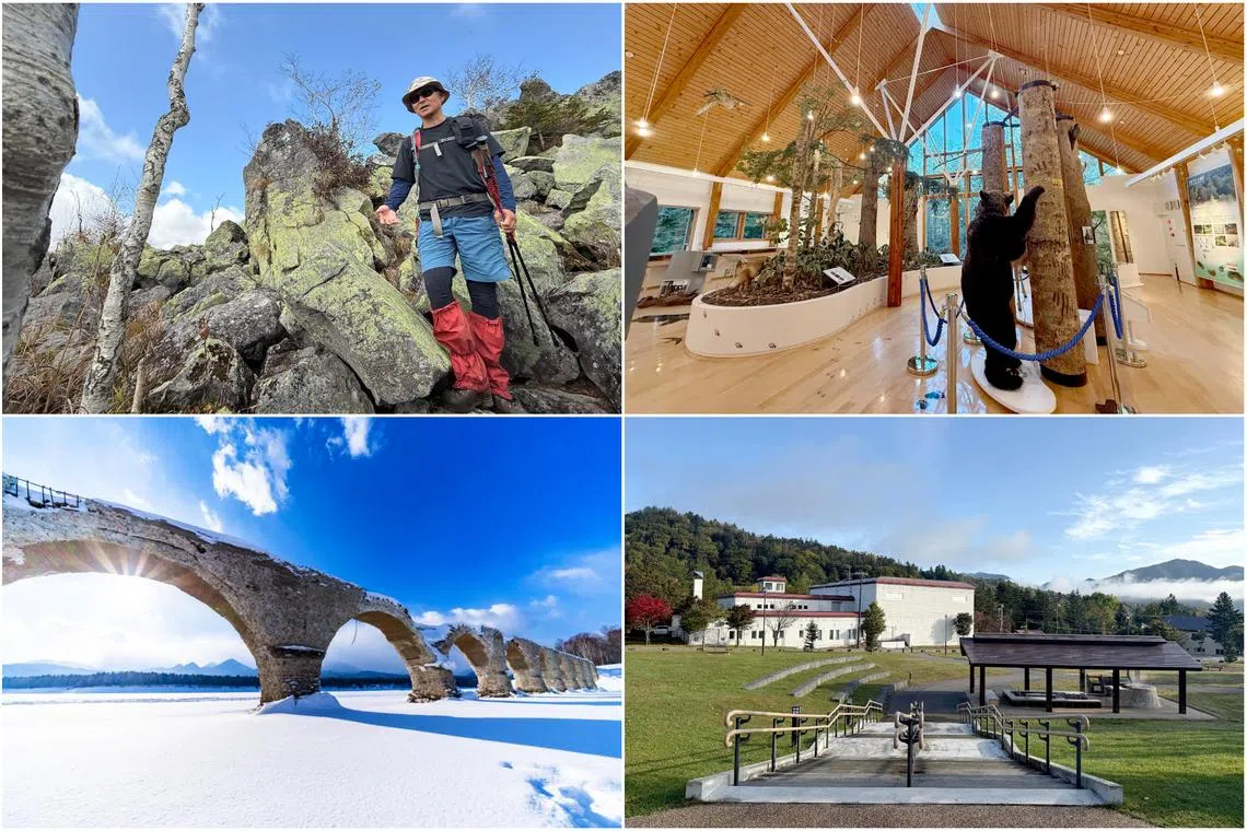 (Clockwise from top left) A tour guide during a hike on the Tokachi Golden Trekking Route, Higashi Daisetsu Nature Center, Nukabira Hot Spring Village, the Taushubetsu Bridge in winter.