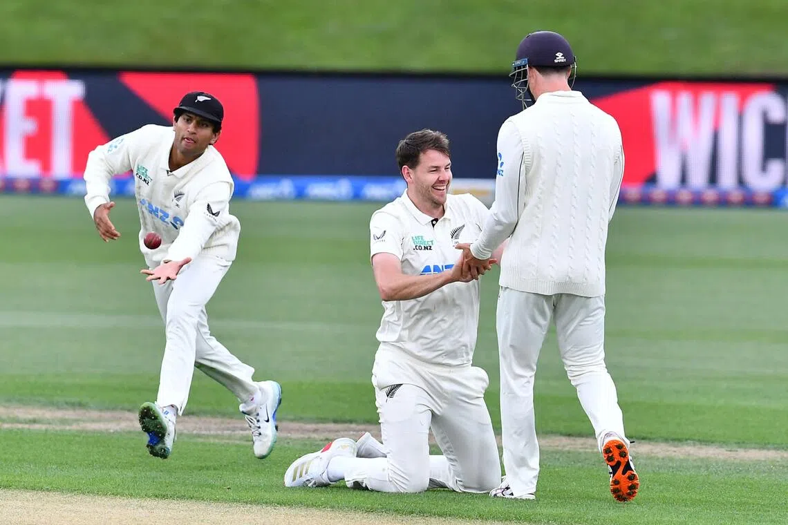 New Zealand's Jacob Duffy (centre) celebrates the wicket of West Indies' Johann Layne on day two of the first cricket Test at Hagley Oval in Christchurch on Dec 3, 2025.