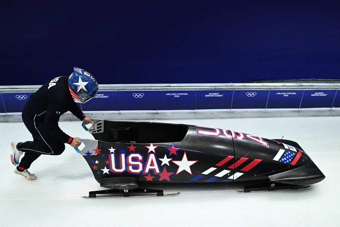 Milano Cortina 2026 Olympics - Bobsleigh - Women's Monobob Official Training Heat 4 - Cortina Sliding Centre, Cortina d'Ampezzo, Italy - February 13, 2026. Elana Meyers Taylor of United States in action during training REUTERS/Annegret Hilse