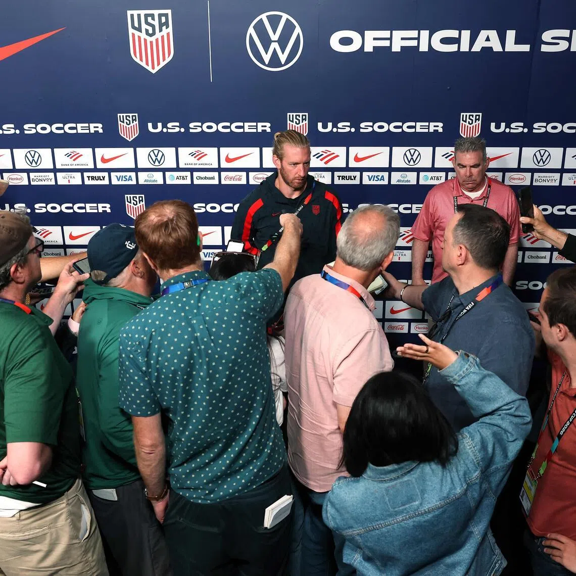 IRVINE, CALIFORNIA - JUNE 29: Tim Ream of the United States talks to the media during a training session at Great Park Sports Complex on June 29, 2026 in Irvine, California.   Jamie Squire/Getty Images/AFP (Photo by JAMIE SQUIRE / GETTY IMAGES NORTH AMERICA / Getty Images via AFP)