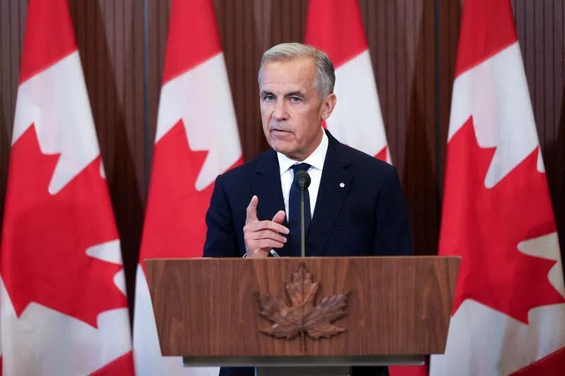 Canadian Prime Minister Mark Carney speaking at a press conference in Ottawa after trade talks with the US collapsed. 