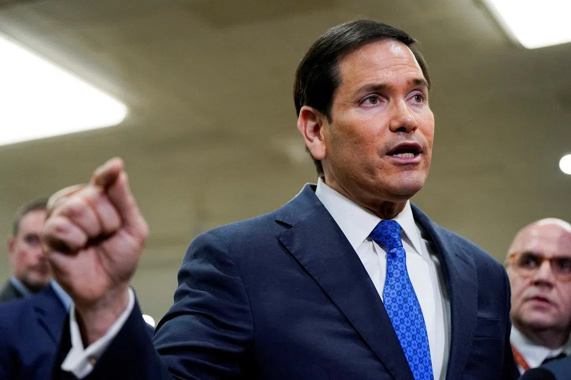FILE PHOTO: U.S. Secretary of State Marco Rubio speaks to reporters, on the day of classified briefings for the full U.S. Senate and House of Representatives on the situation in Iran, on Capitol Hill in Washington, D.C., U.S., March 3, 2026. REUTERS/Elizabeth Frantz/File Photo