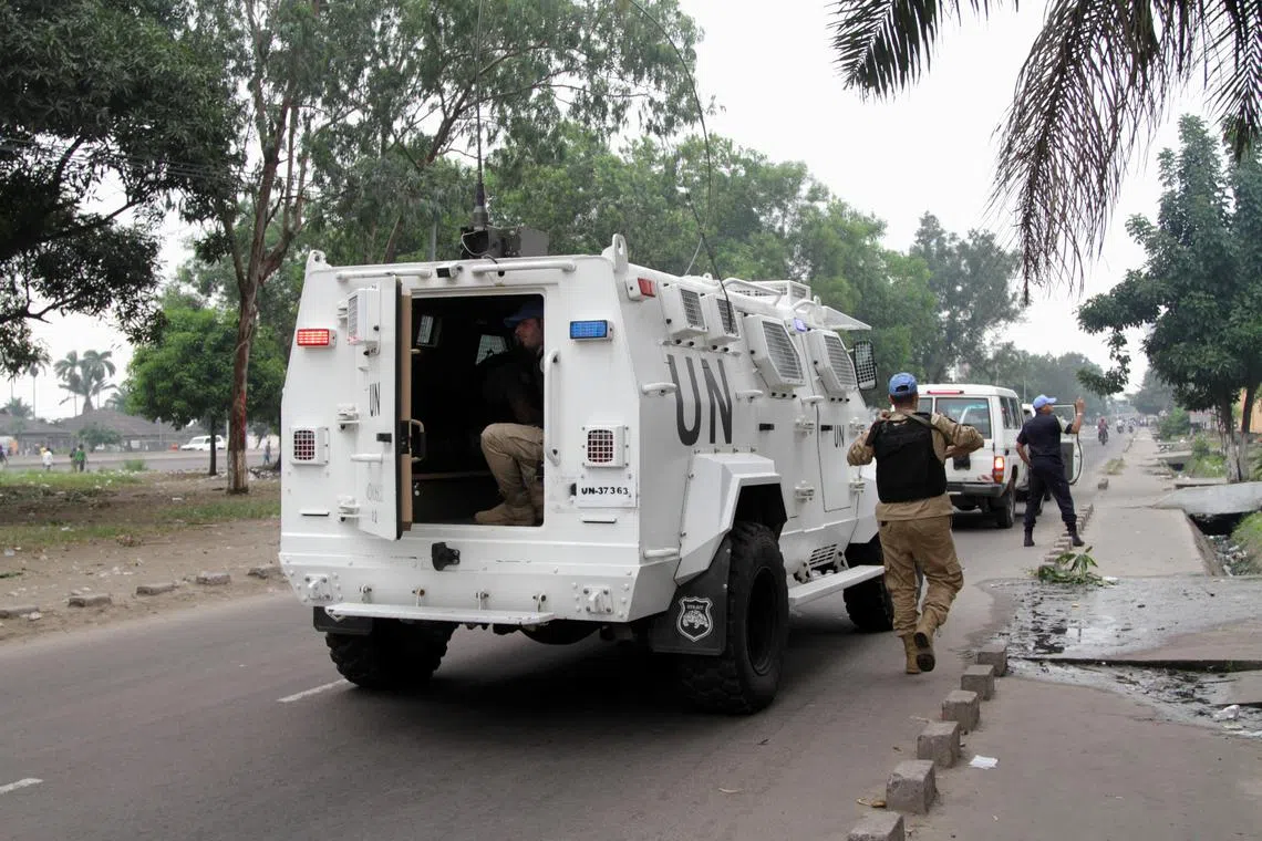 FILE PHOTO: U.N. Peacekeepers patrol the streets in the Democratic Republic of Congo's capital Kinshasa, September 20, 2016. REUTERS/Kenny Katombe/File Photo