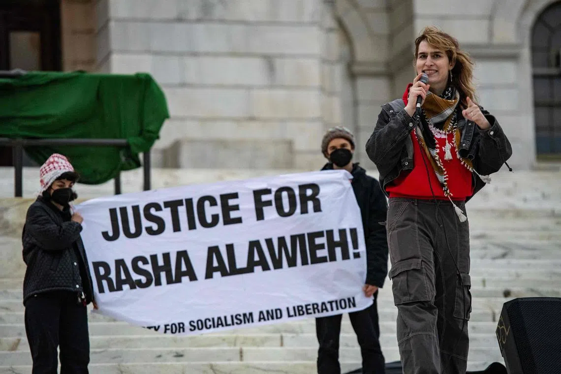 People staged a protest against the deportation of Dr Rasha Alawieh of Brown University at the State House in Providence, Rhode Island.