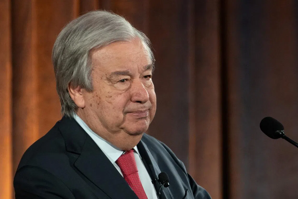 FILE PHOTO: United Nations Secretary-General Antonio Guterres speaks during a Special Envoy on Climate Ambition and Solutions at the American Museum of Natural History in New York City, U.S., June 5, 2024. REUTERS/David Dee Delgado/File hoto
