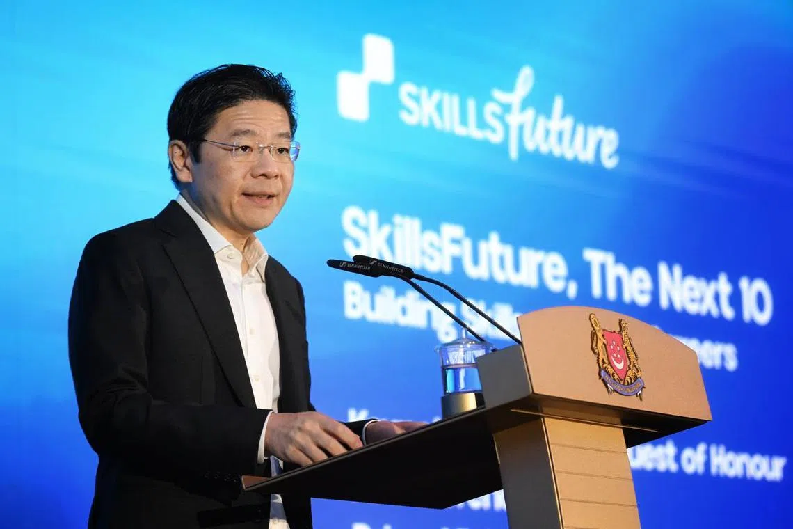 PM Lawrence Wong speaking at the SkillsFuture’s 10th anniversary event on May 23.