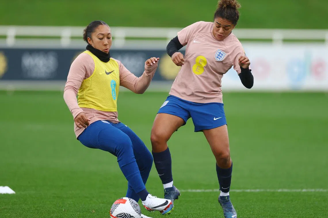 FILE PHOTO: Soccer Football - Women's Nations League - England Training - St George's Park, Burton upon Trent, Britain - October 24, 2023  England's Lauren James and Jess Carter during training REUTERS/Carl Recine/File Photo