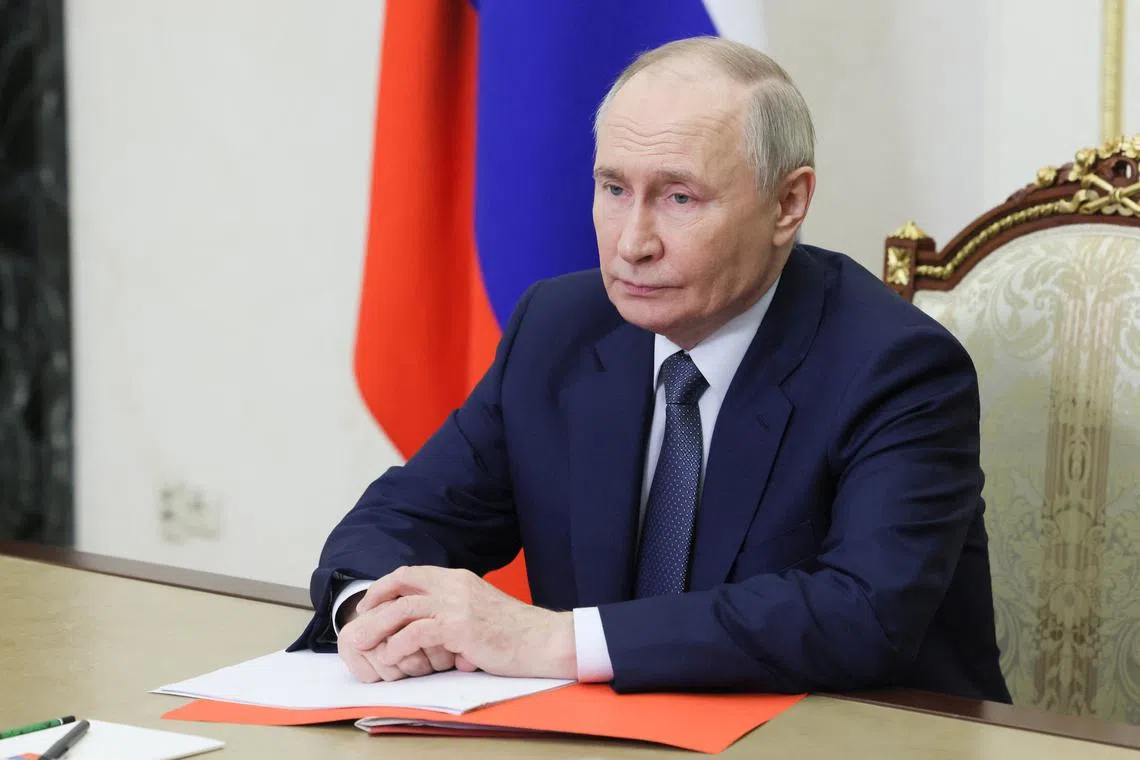 Russian President Vladimir Putin chairs a meeting with members of the Security Council via a video link in Moscow, Russia, March 21, 2025. Sputnik/Mikhail Metzel/Pool via REUTERS/File Photo