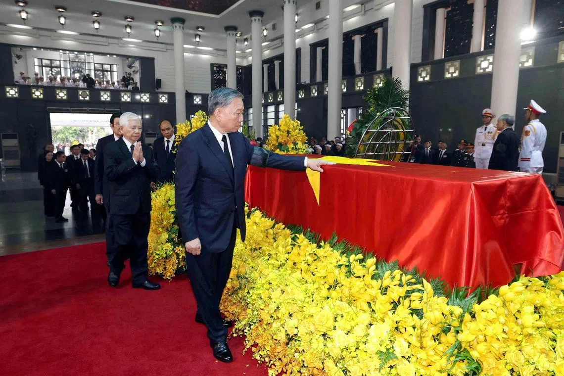 FILE PHOTO: Vietnam's President To Lam attends the funeral of Communist Party of Vietnam General Secretary Nguyen Phu Trong at the National Funeral House in Hanoi, Vietnam July 25, 2024. Vietnam News Agency/Handout via REUTERS    THIS IMAGE HAS BEEN SUPPLIED BY A THIRD PARTY/File Photo