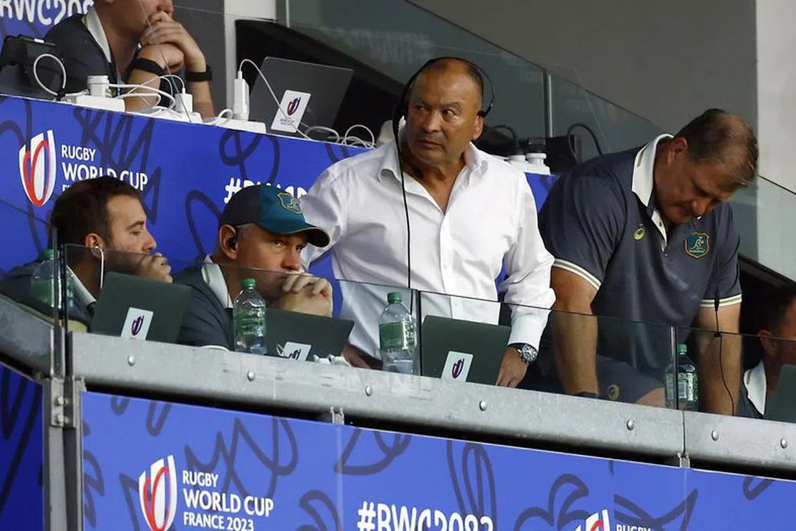 FILE PHOTO:Rugby Union - Rugby World Cup 2023 - Pool C - Australia v Portugal - Stade Geoffroy-Guichard, Saint-Etienne, France - October 1, 2023  Australia head coach Eddie Jones reacts REUTERS/Gonzalo Fuentes/File Photo
